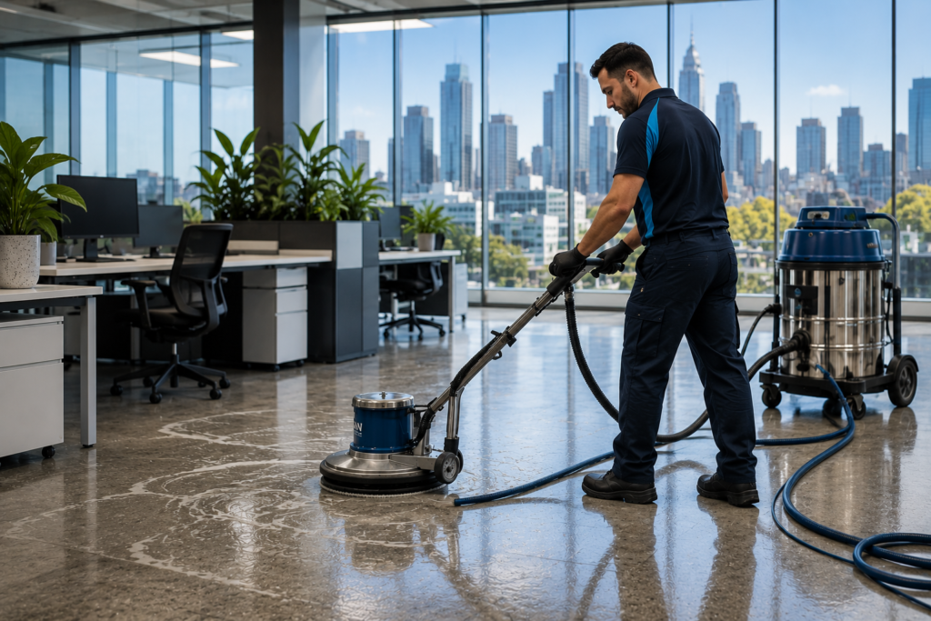 Professional commercial cleaner deep cleaning a Melbourne office floor with industrial equipment