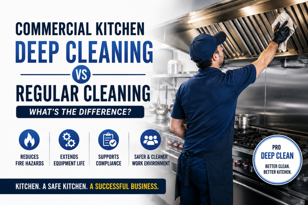 Commercial kitchen deep cleaning worker cleaning exhaust hood